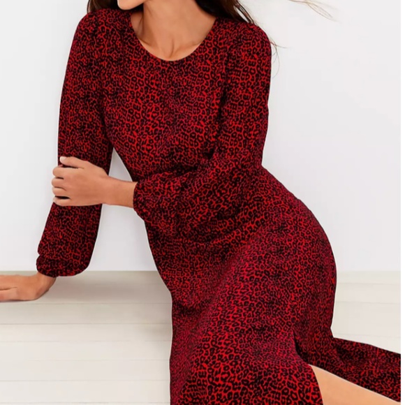 LOFT Animal Print Slit Midi Dress in Tango Red Holiday Christmas - Picture 4 of 4